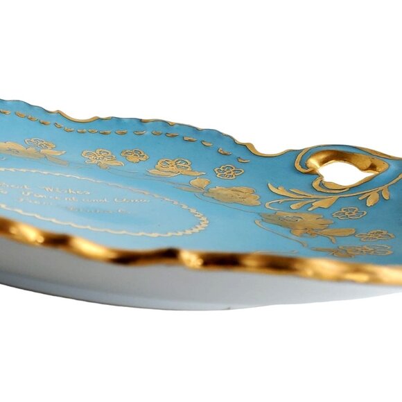 Hand Painted Vintage Cake Plate Handles Blue and Gold - Picture 5 of 10